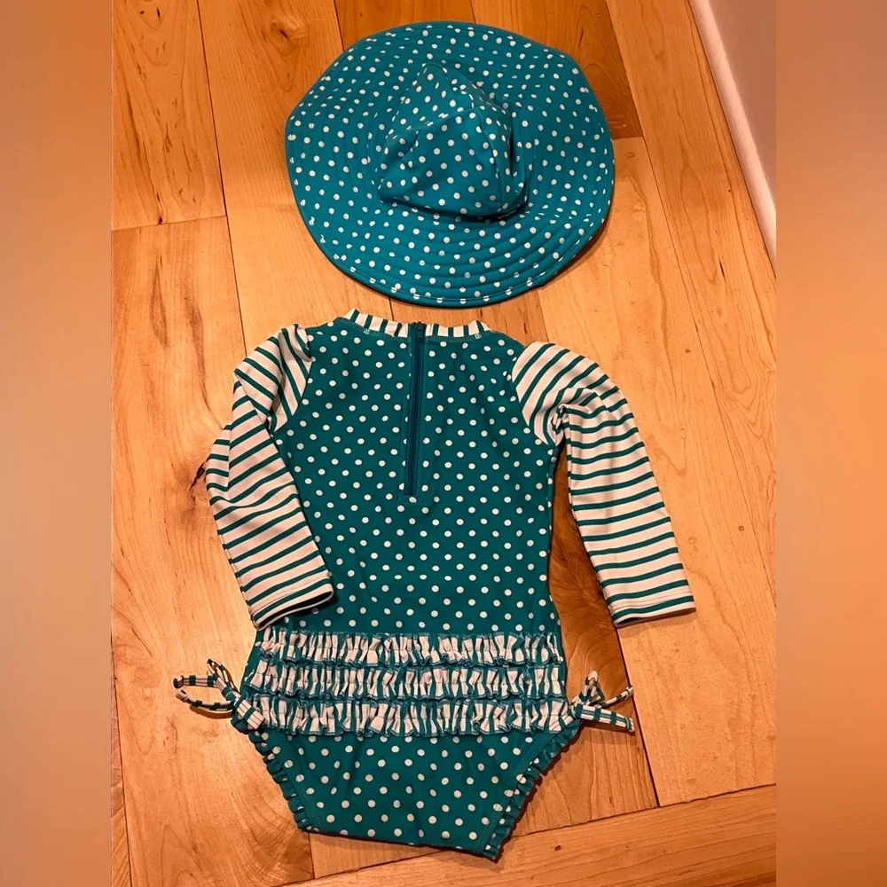 Size 18/24months-Ruffle Butts polka dot swimsuit/rash guard plus matching sunhat